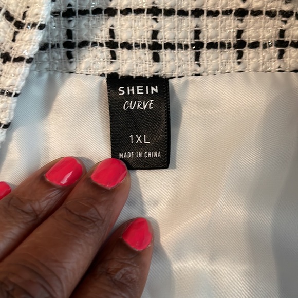 ♻️Shein Curve Black White Silver Houndstooth Frayed Fringe Midi Skirt Black 1XL - Picture 3 of 17